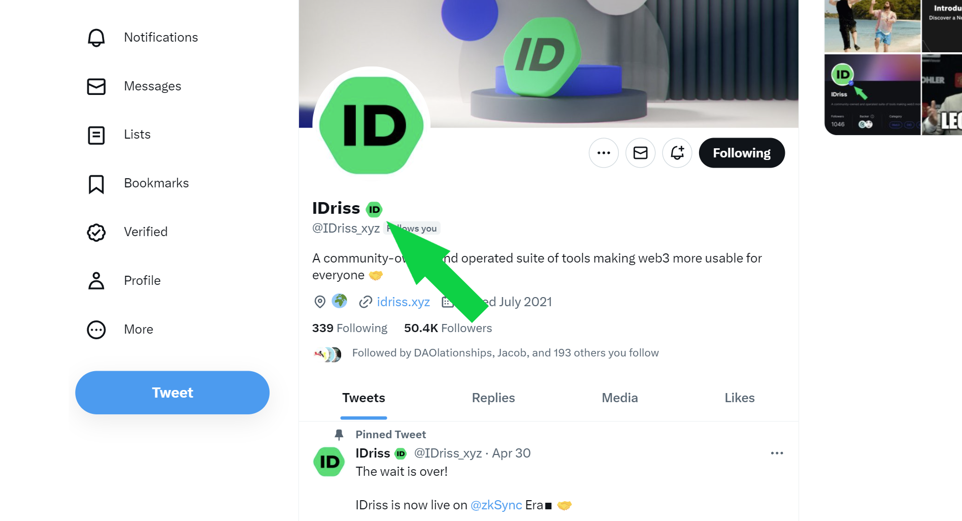 IDriss browser extension displaying a green ID badge on Twitter